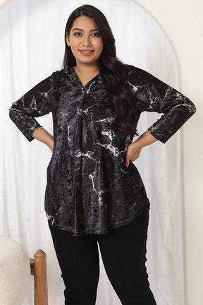 Black Marble V Neck Velvet Top
