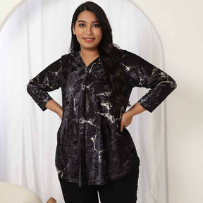 Black Marble V Neck Velvet Top