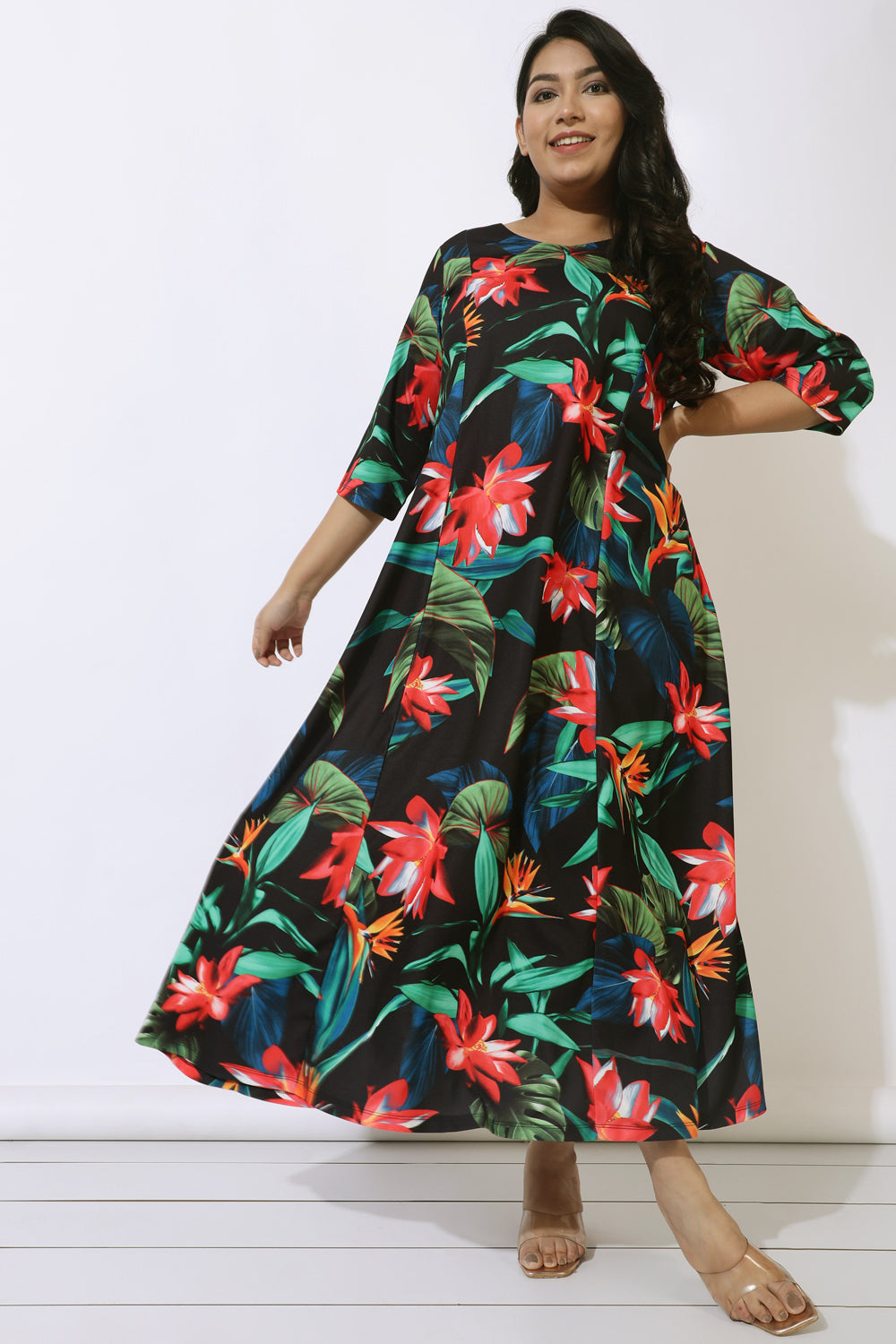 Plus Size Black Tropical Print Maxi Dress