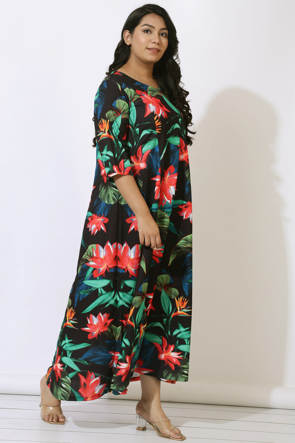Plus Size Black Tropical Print Maxi Dress for Women