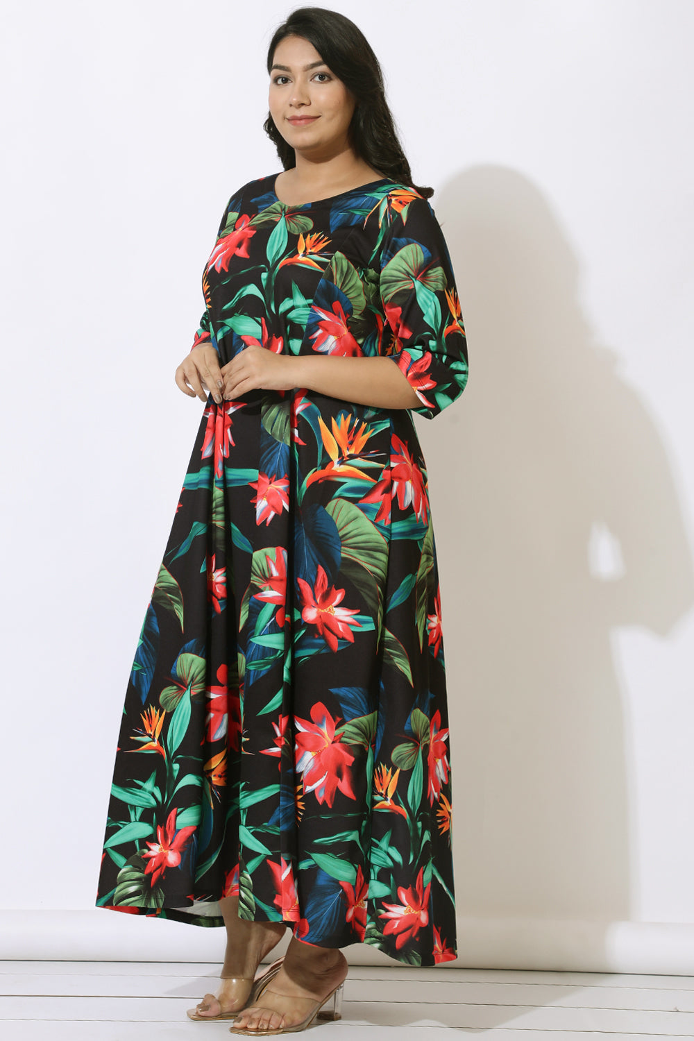 Black Tropical Print Maxi Dress