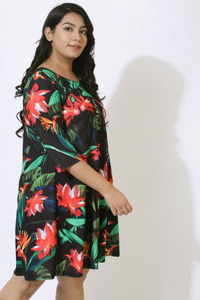 Plus Size Black Tropical Print Dress