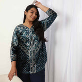 Teal Printed V Neck Velvet Top