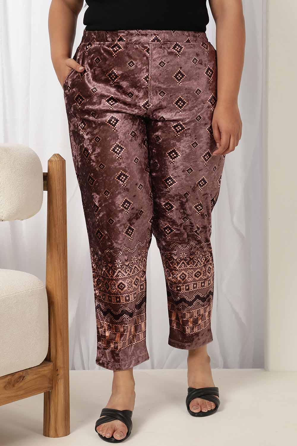 Plus Size Purple Printed Velvet Pant