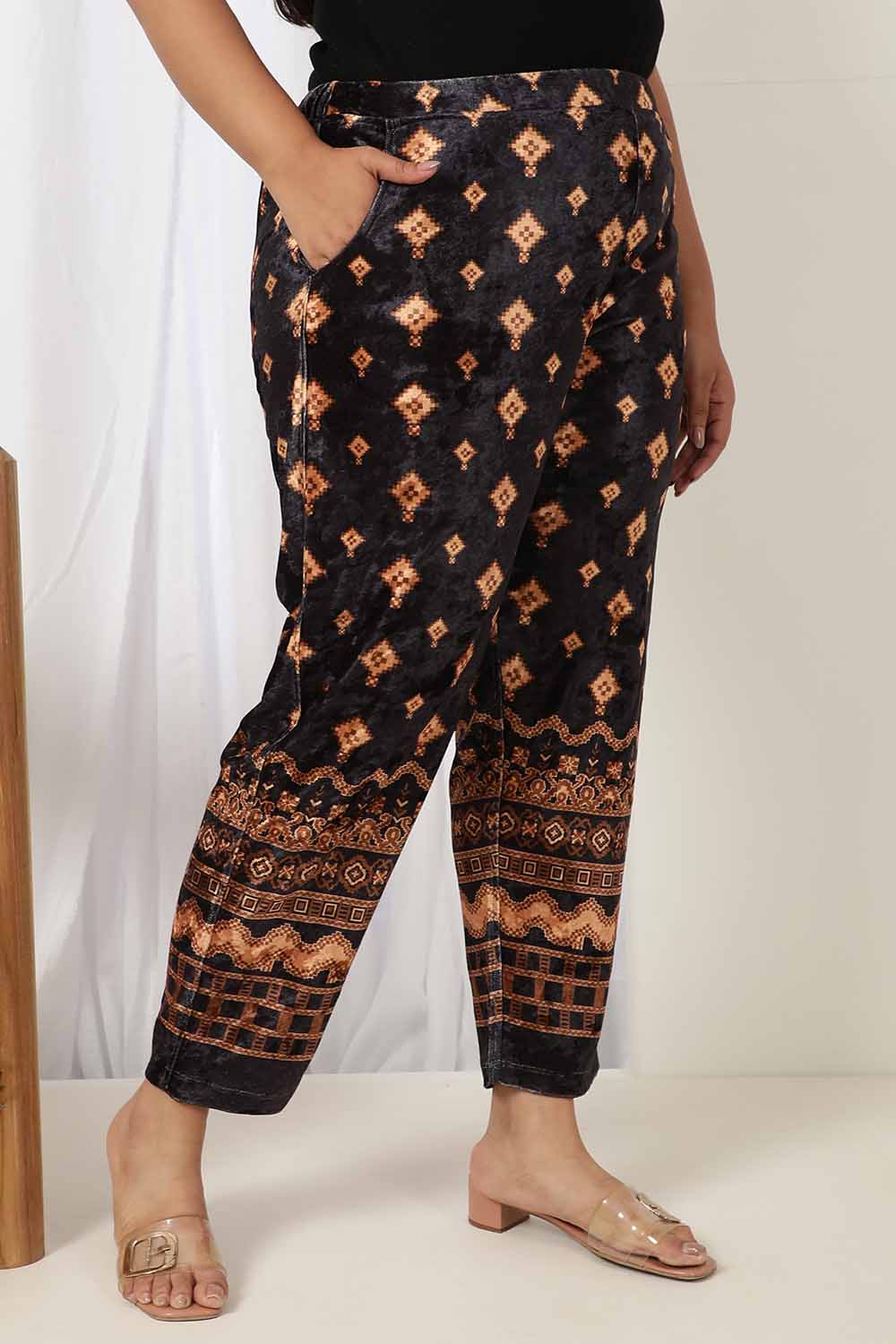 Plus Size Black Printed Velvet Pant 1 for Women