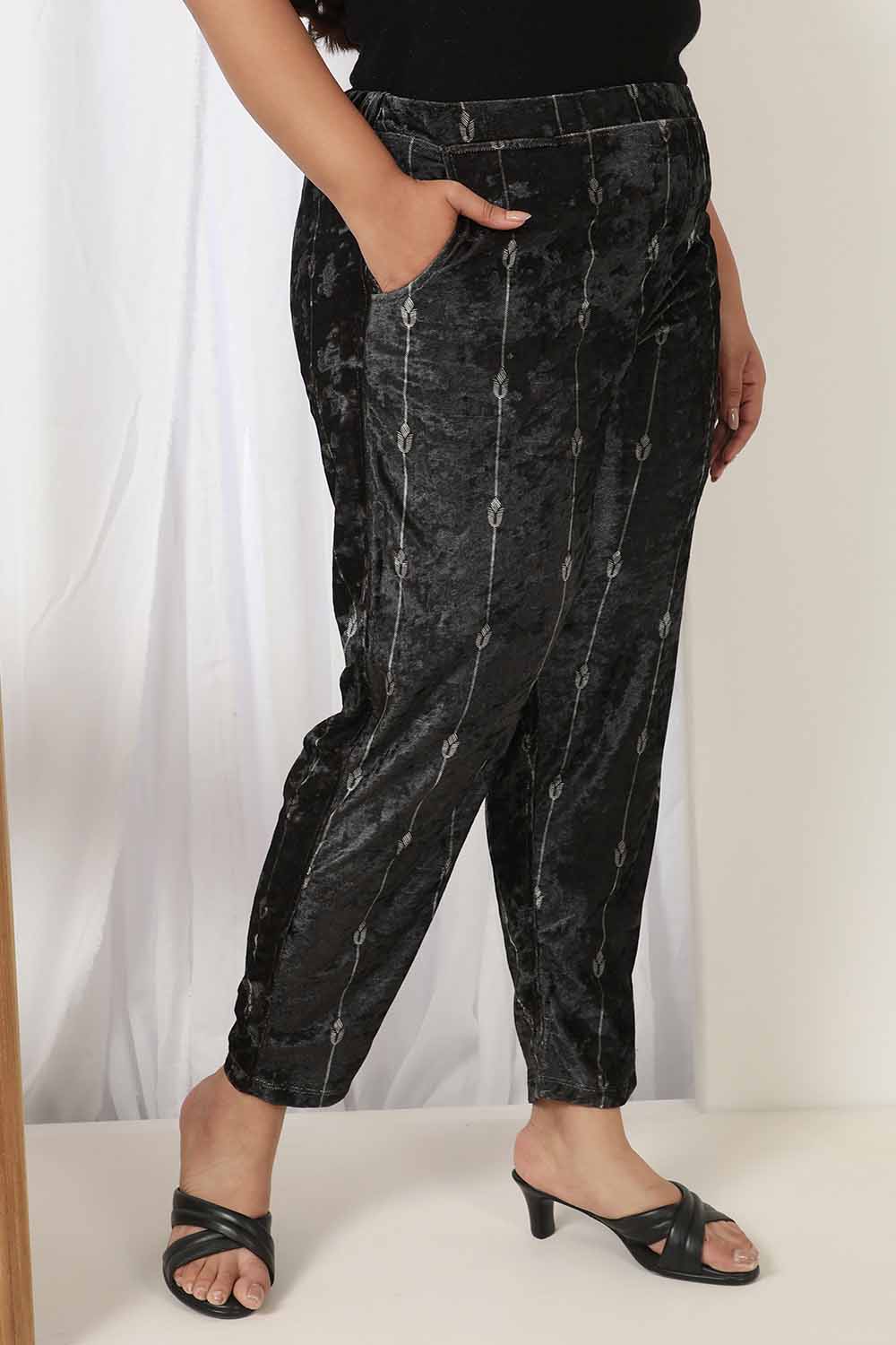 Plus Size Black Printed Velvet Pant for Women