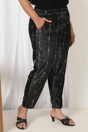 Plus Size Black Printed Velvet Pant