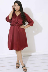 Plus Size Maroon Satin Knot Dress