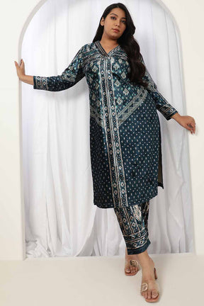 Teal Printed V Neck Velvet Kurta