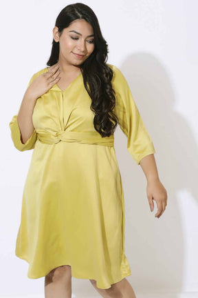 Plus Size Yellow Satin Knot Dress