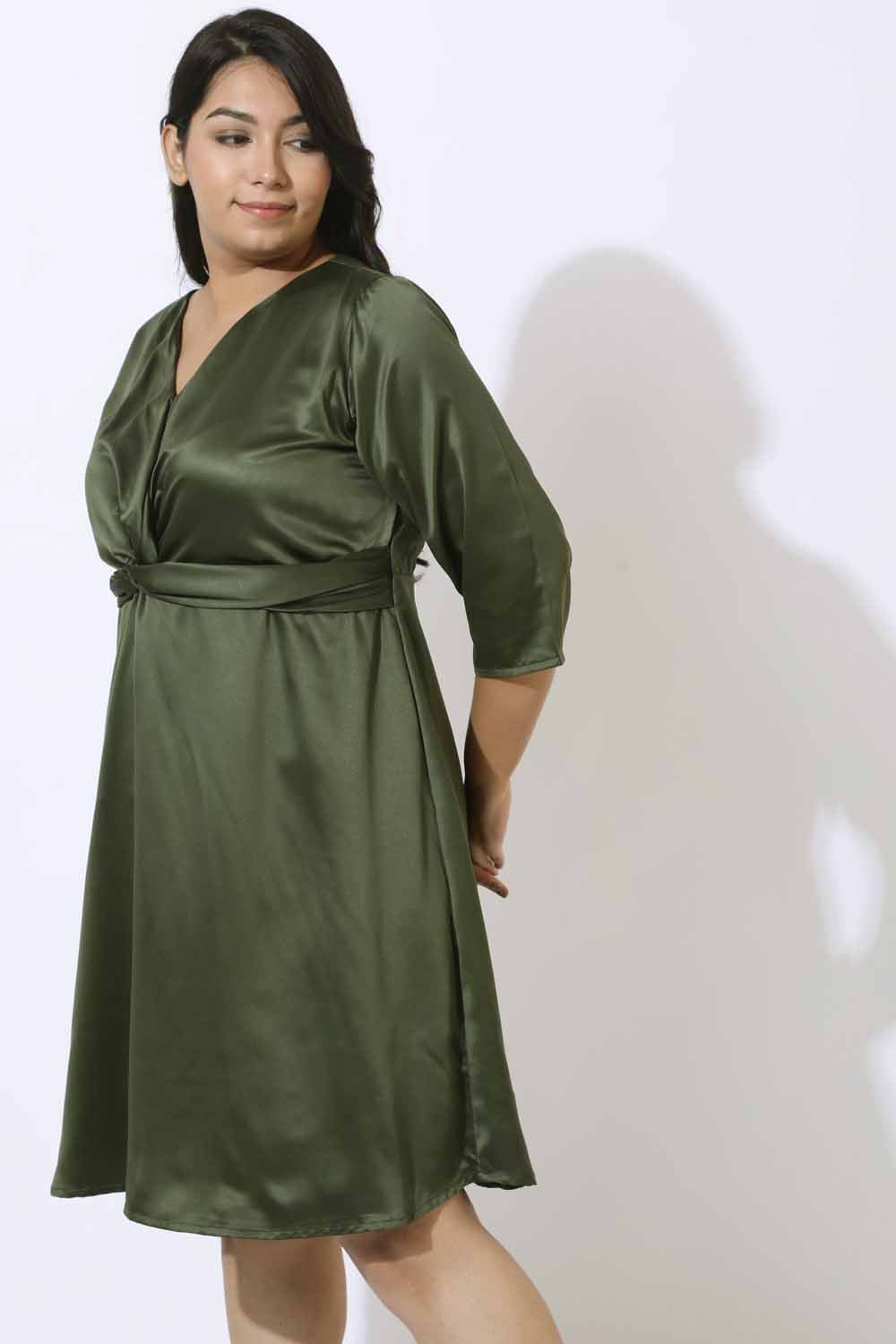 Plus Size Olive Satin Knot Dress for Women