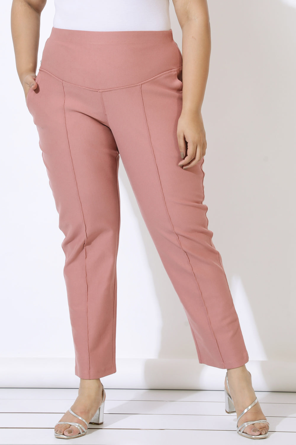 Buy Plus Size Dusty Pink Crease Seam Tummy Tucker Pants