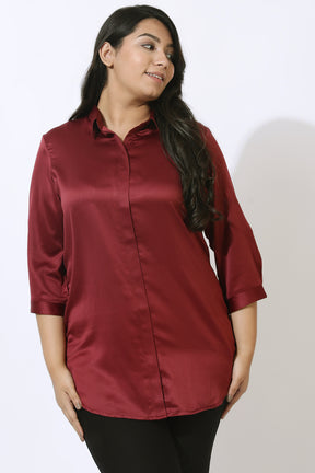 Plus Size Maroon Satin Shirt