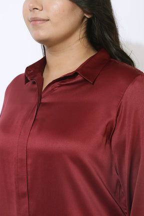 Plus Size Maroon Satin Shirt