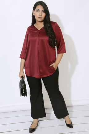 Maroon Satin Centre Pleat Top