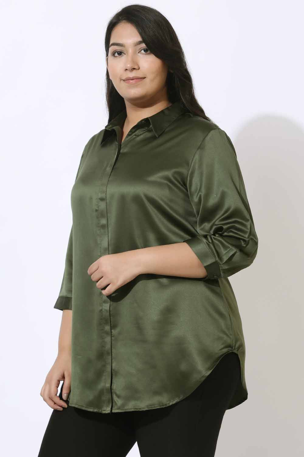 Plus Size Olive Satin Shirt for Women