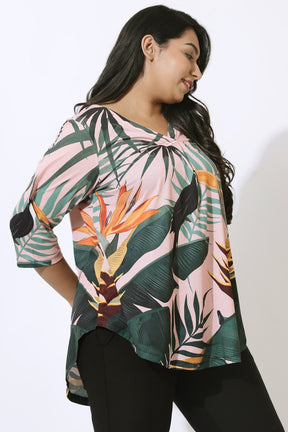 Pink Tropical Print Centre Pleat Top