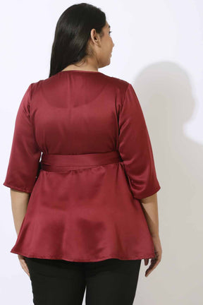Plus Size Maroon Satin Wrap Top