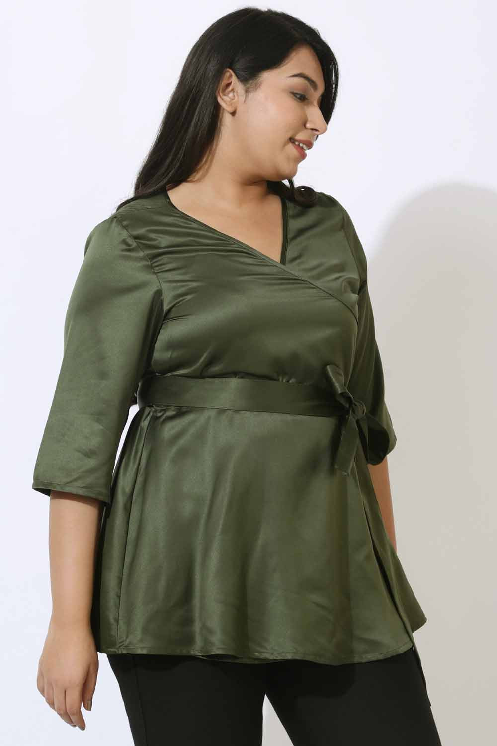 Plus Size Olive Satin Wrap Top for Women