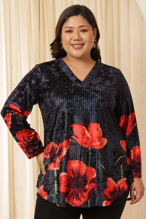 Plus Size Black Floral Borders Velvet Top