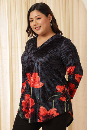 Plus Size Black Floral Borders Velvet Top