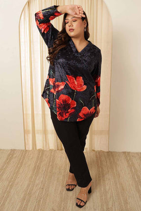 Plus Size Black Floral Borders Velvet Top