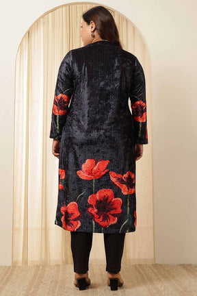 Plus Size Black Floral Borders Velvet Kurta