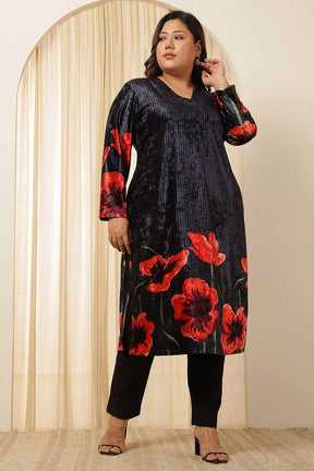 Plus Size Black Floral Borders Velvet Kurta