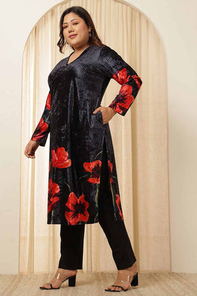 Plus Size Black Floral Borders Velvet Kurta