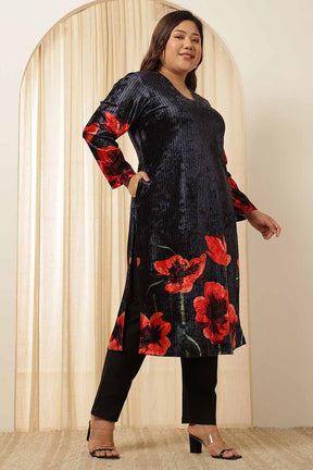 Plus Size Black Floral Borders Velvet Kurta