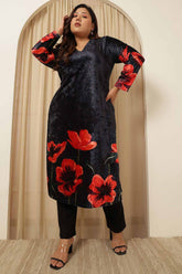 Plus Size Black Floral Borders Velvet Kurta