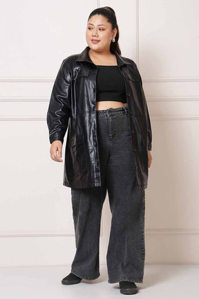 Plus Size Cruelty Free Black Leather Shacket