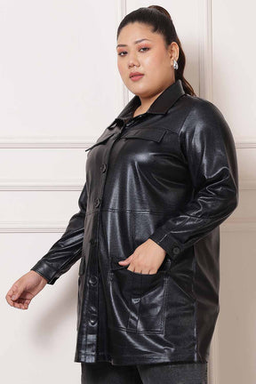 Plus Size Cruelty Free Black Leather Shacket