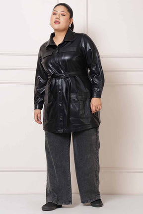 Plus Size Cruelty Free Black Leather Shacket