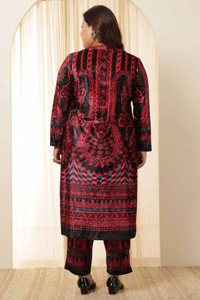 Plus Size Black Red Printed Velvet Coord Set