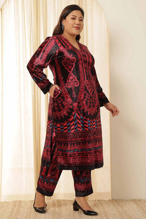 Plus Size Black Red Printed Velvet Coord Set