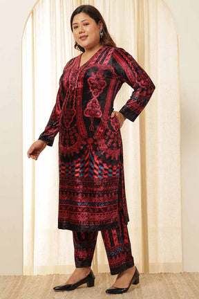 Plus Size Black Red Printed Velvet Coord Set