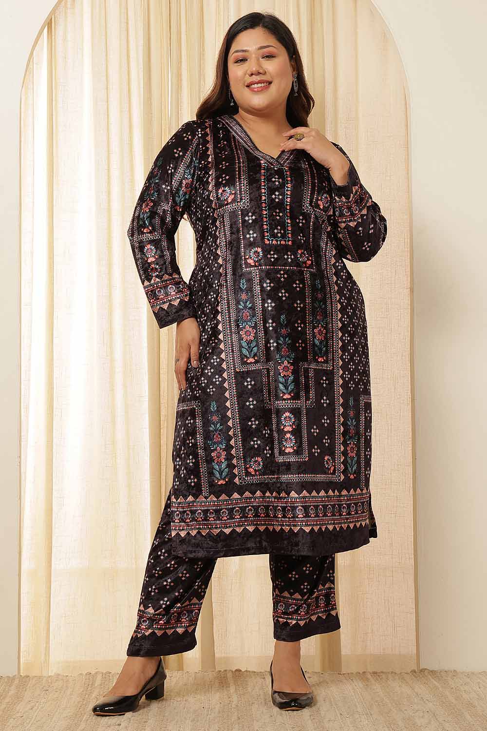 Plus Size Black Ethnic Panel Velvet Coord Set