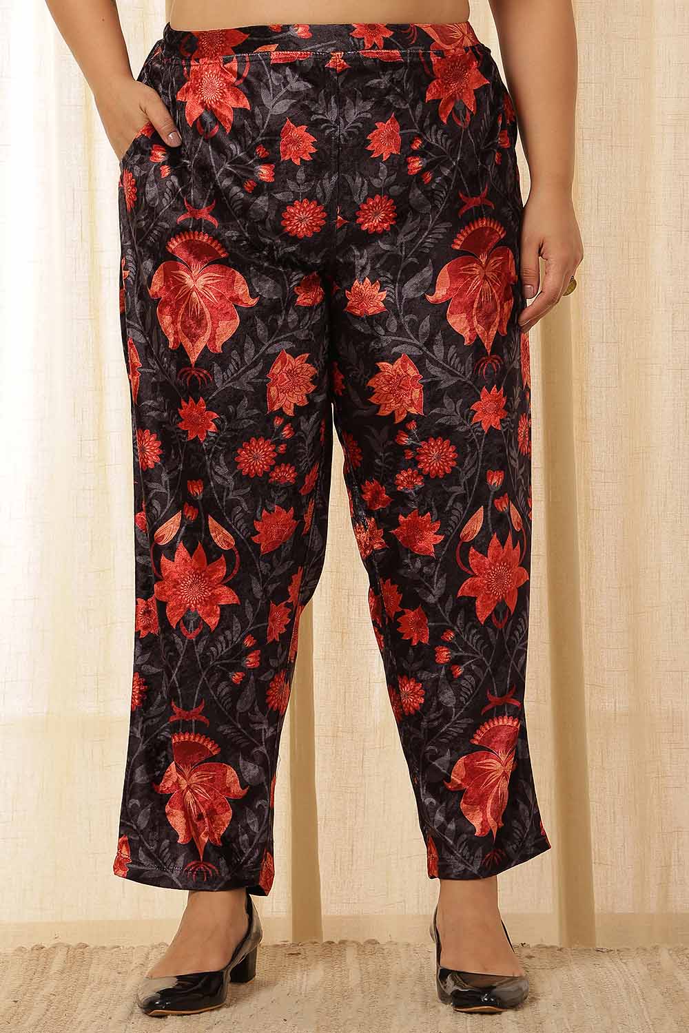 Plus Size Black Red Floral Velvet Coord Set