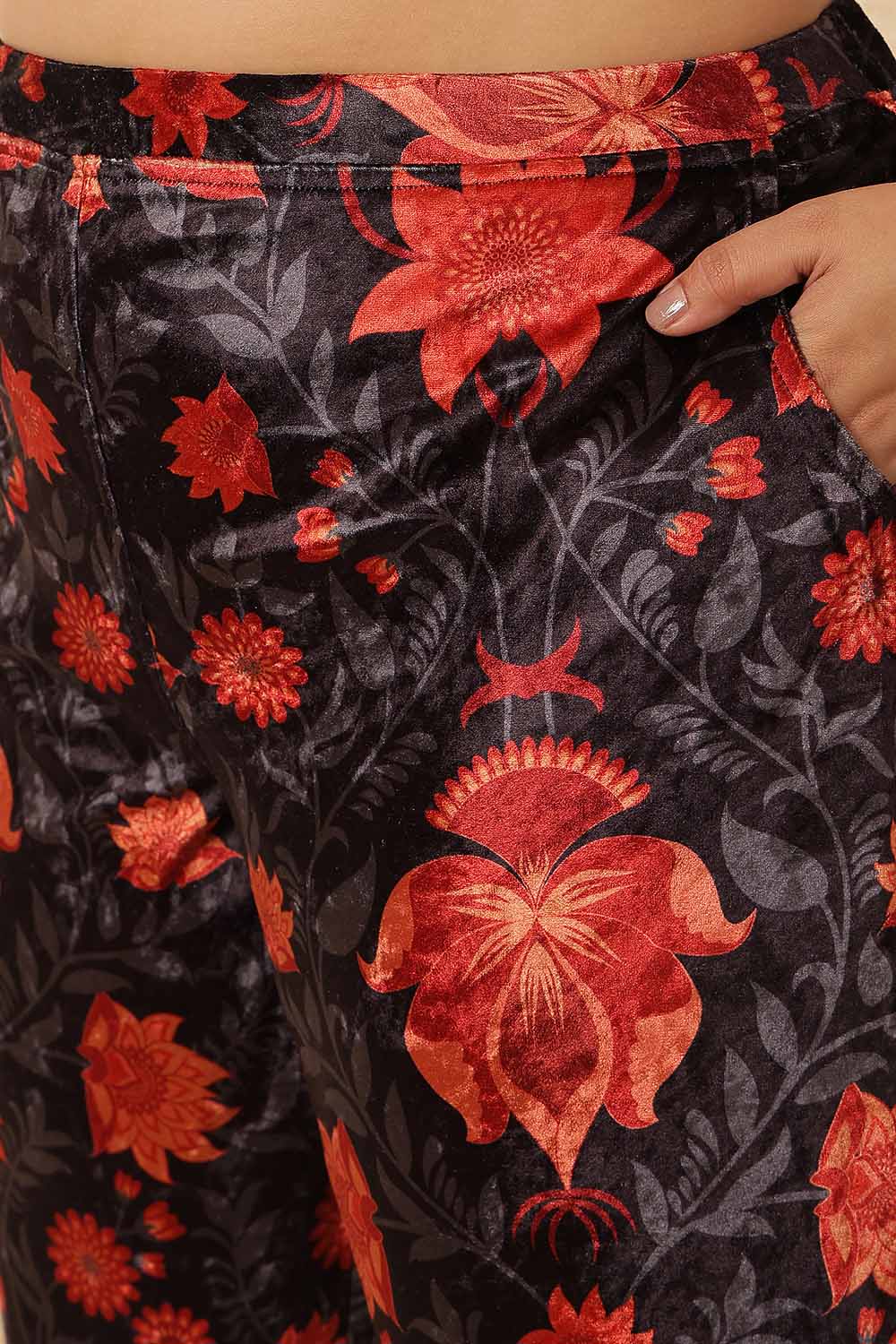 Plus Size Black Red Floral Velvet Coord Set