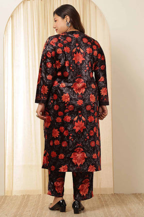 Plus Size Black Red Floral Velvet Coord Set
