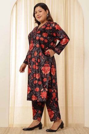 Plus Size Black Red Floral Velvet Coord Set