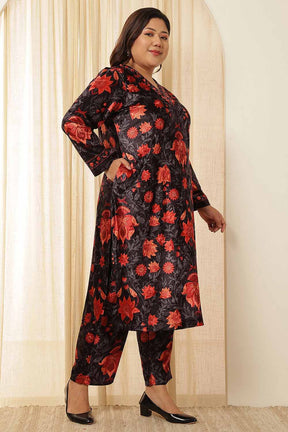 Plus Size Black Red Floral Velvet Coord Set