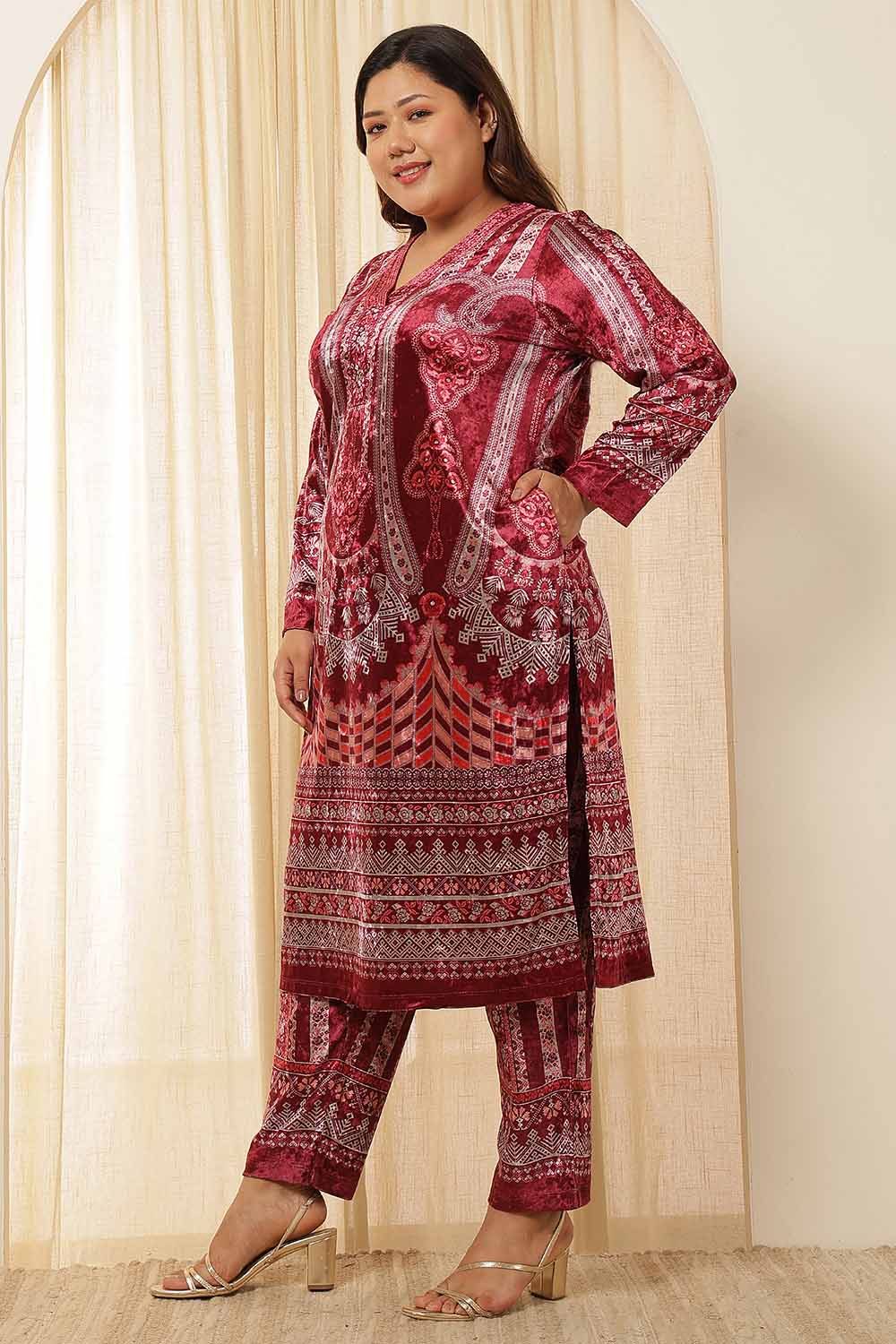 Plus Size Plus Size Maroon Paisley Velvet kurta