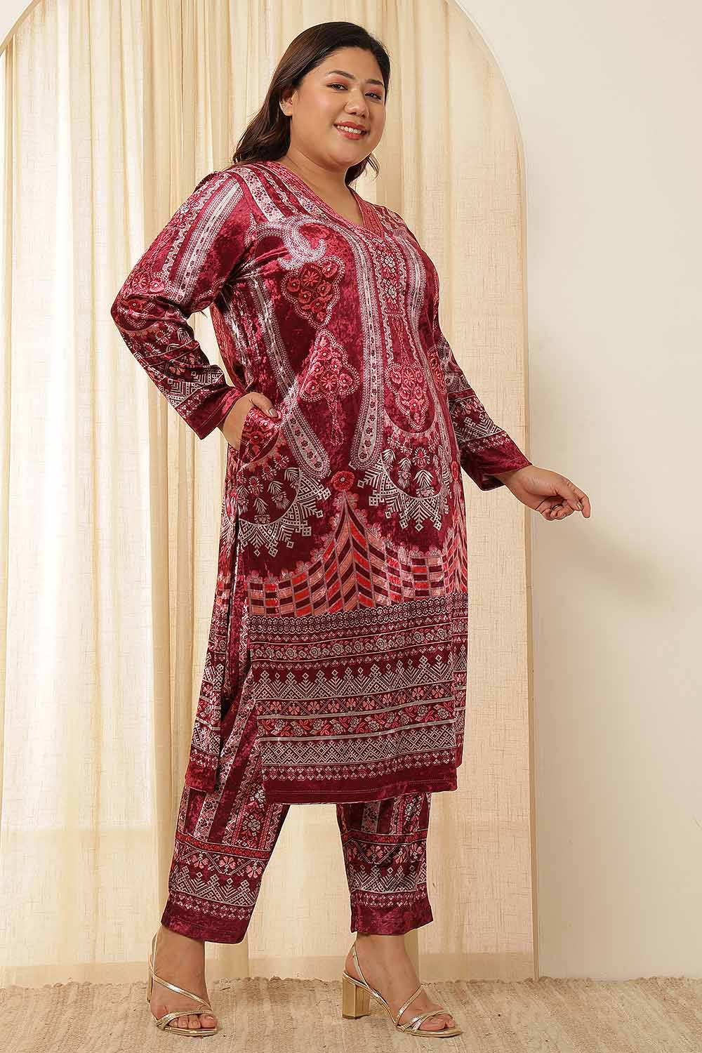 Plus Size Maroon Paisley Velvet kurta for Women