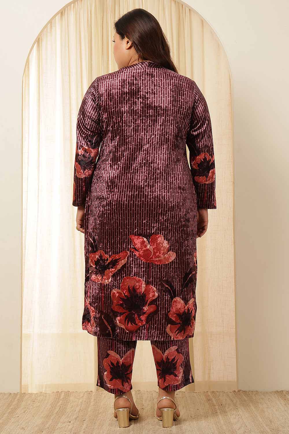 Comfortable Plus Size Purple Floral Border Velvet Coord Set