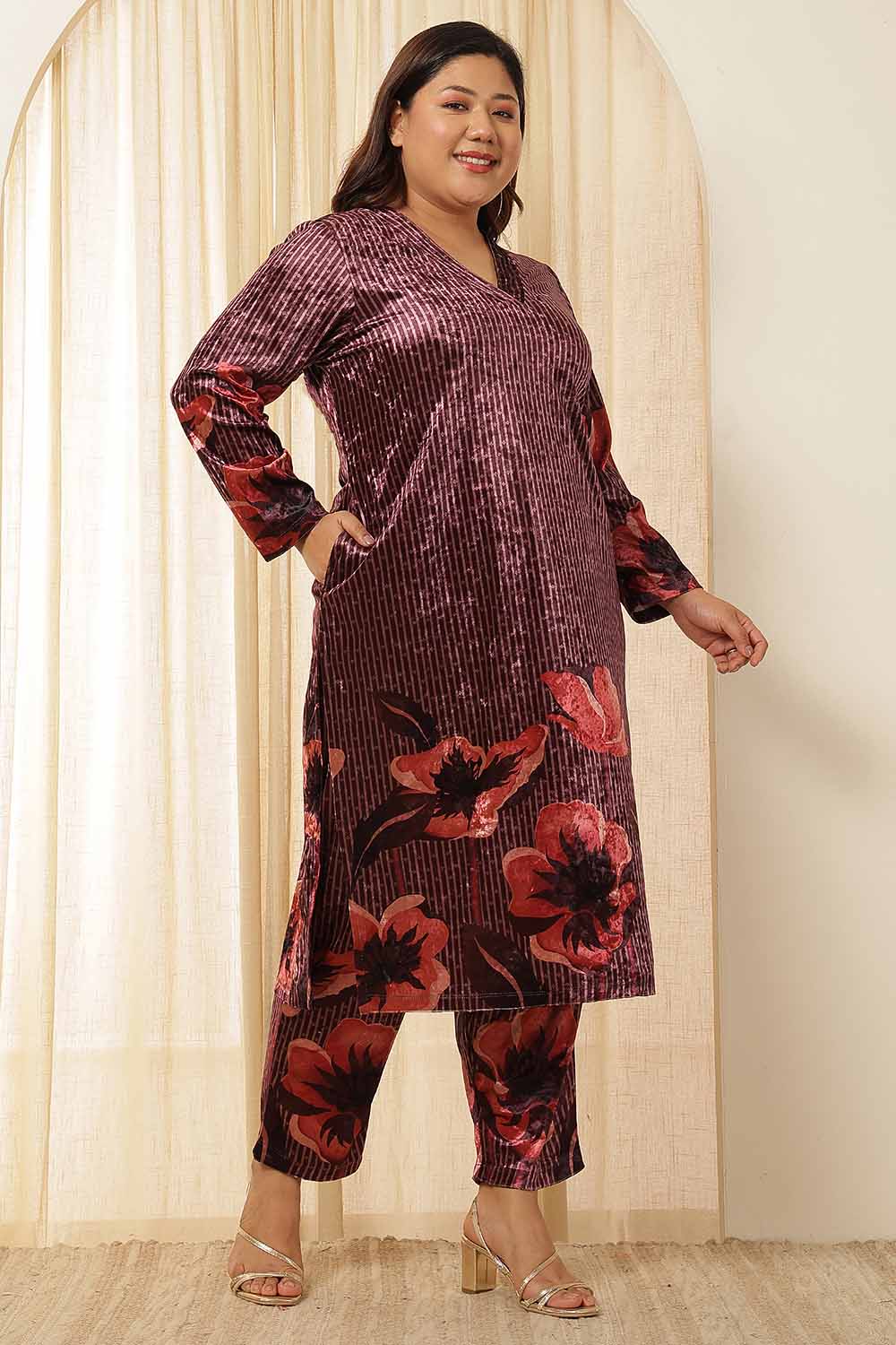 Plus Size Purple Floral Border Velvet Coord Set for Women