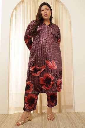 Plus Size Purple Floral Border Velvet Coord Set