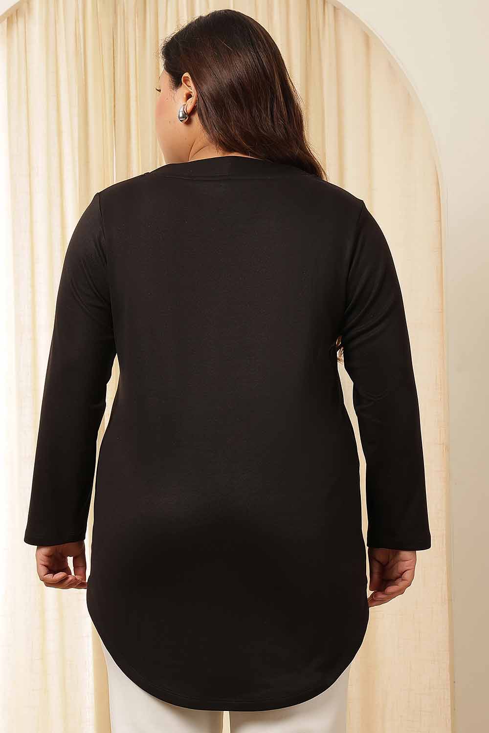Plus Size Black V Neck Fleece Top