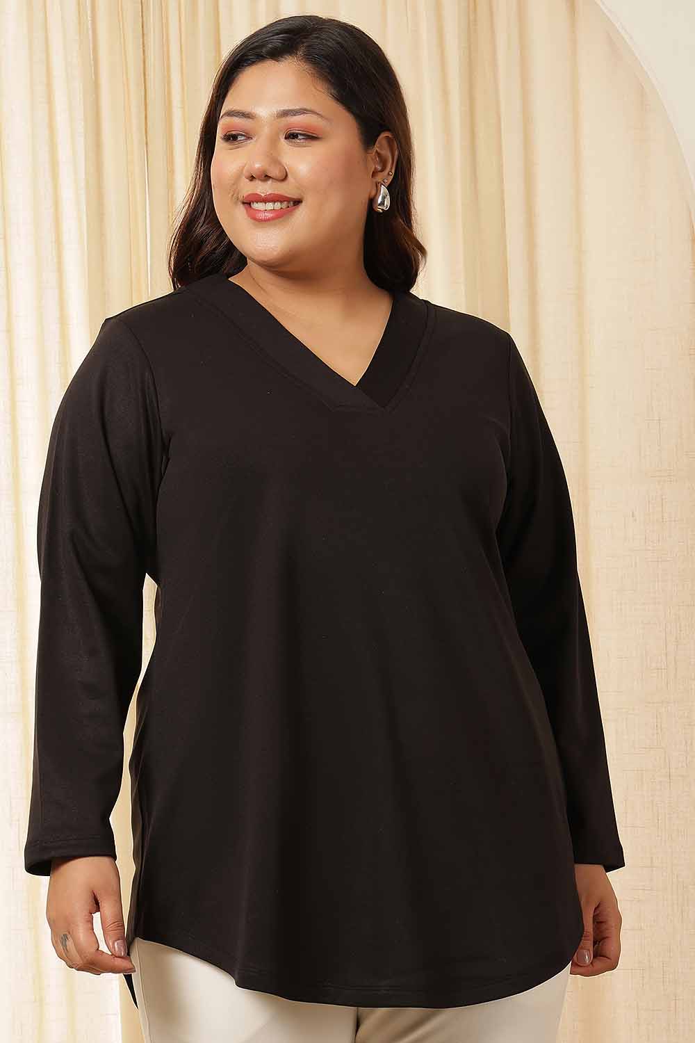 Plus Size Black V Neck Fleece Top